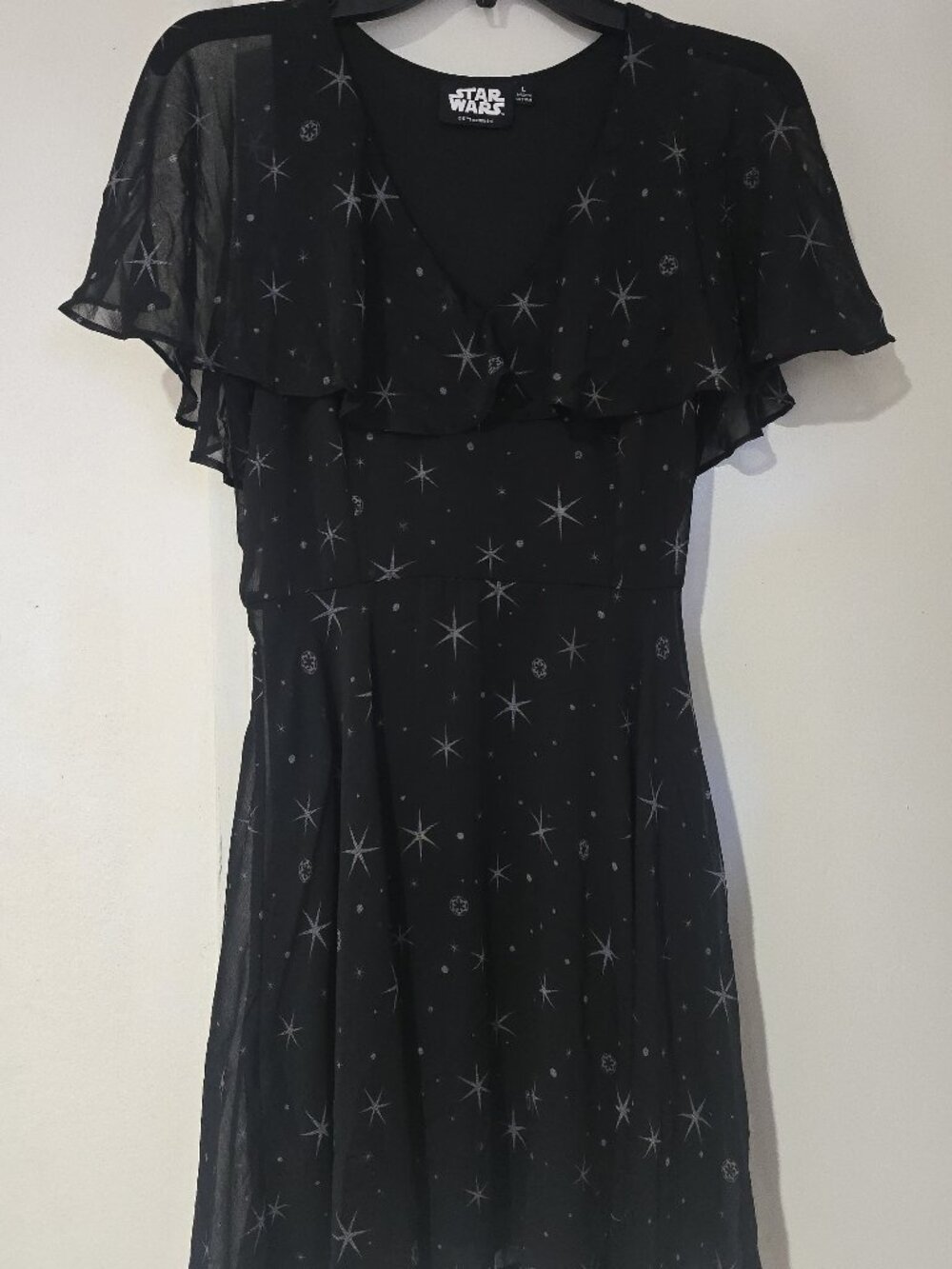 Star Wars Black Sheer Chiffon Star Print Dress Flutter Sleeve Ruffle Capelet L